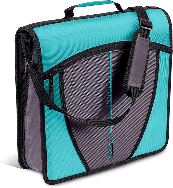 Case-it Mighty Zip Tab School Zipper Binder | 3-Inch O-Rings, 600-Sheet Capacity, 5-Subject Expanding File Folder, Multiple Pockets & Storage Organizer, Shoulder Strap | D-146 Spearmint