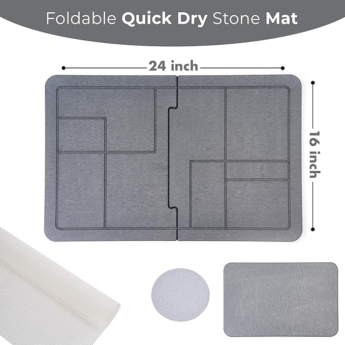 Large Stone Dish Drying Mat for Kitchen Counter, 2PCS Stone Drying Mat for Kitchen Counter, Detachable Water Absorbing Diatomaceous Earth Drying Pad for Bottles Dish Cups(Dark Gray 24"×16" & 8"x5")