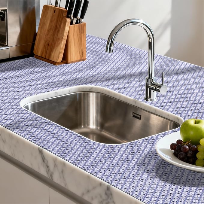 FIFTY FEET 12"x120" Non-Adhesive Shelf Liner for Kitchen Cabinets and Drawers, Washable Non-Slip PVC Cabinet Liner (Blue Circle)(10 Roll)