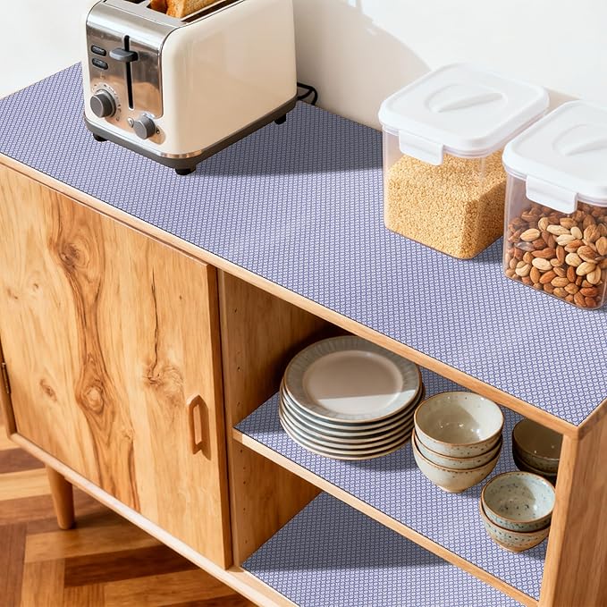 FIFTY FEET 18"x96" Non-Adhesive Shelf Liner for Kitchen Cabinets and Drawers, Washable Non-Slip PVC Cabinet Liner (Blue Circle)(1 Roll)