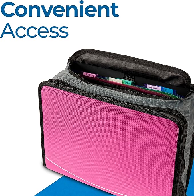 Case-it Mighty Zip Tab Zipper Binder, 3" O-Ring with 5-Color tabbes, Expanding File Folder and Shoulder Strap and Handle, D-146-Light Pink
