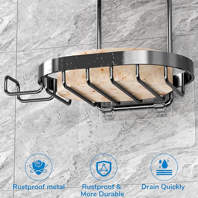 MASADI 2 Tier Soap Dish Holder, Soap Bar Holder with Hooks, Shampoo Bar Caddy for Shower Wall, Razor Holder for Shower, Bar Soap Container 304 Stainless Steel, Bathroom (Black)