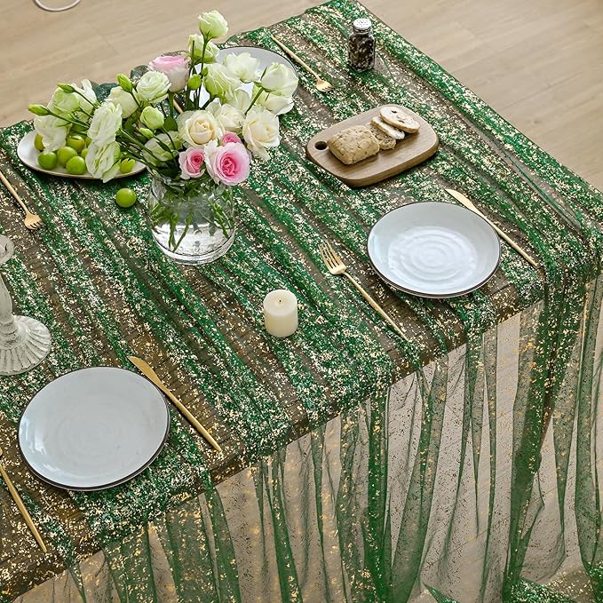 Horaldaily Green Gold Gauze Tablecloth 60x104 Inch Rectangular, Green Sequin Glitter Metallic Foil, Sheer Tulle Cheesecloth for Wedding Baby Shower Ceremony Birthday