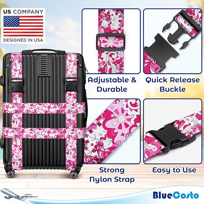 Luggage Straps for Suitcases - TSA Approved - Pink Geometric, 4 PK - Premium Belts for Suitcase, Briefcase & Travel Bag - Adjustable Strap Length 41" - 78"