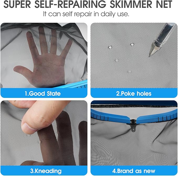 17.5'' Self-Repair Pool Net with Pole 10 Ft Thick Aluminum 8 Sections Detachable Pool Poles with Hidden Hook Retriever & Nylon Fine Mesh Netting Pool Skimmer Net for Above Ground In-ground Pools