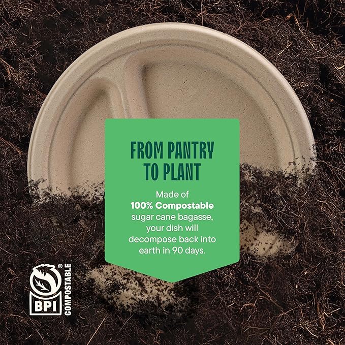 100% Compostable, 3 Compartment, Disposable Paper Plates [125-Pack] - {PFAS Free} - {BPA Certified} - [9 Inch] Heavy Duty Biodegradable Bagasse Sectional Lunch Trays + Dividers - Divided Platte Tray
