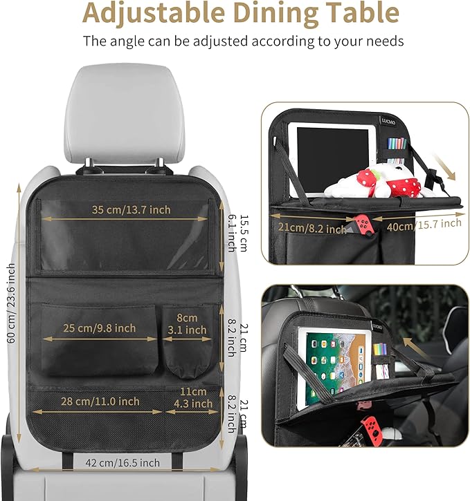 LUCMO Car Backseat Organizer with Tablet Holder, 6 Storage Pockets Car Storage Organizer with Foldable Food Tray, Protectors Kick Mats Travel Accessories - Black