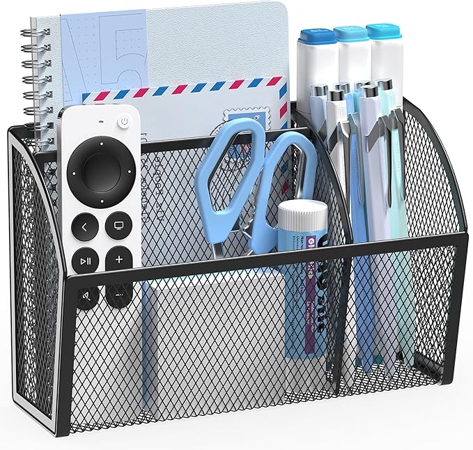 YINGHUA Magnetic Desk Organizer - 3 Compartment Metal Mesh Pen Holder for Locker, Whiteboard, Refrigerator, Office - Black Caddy