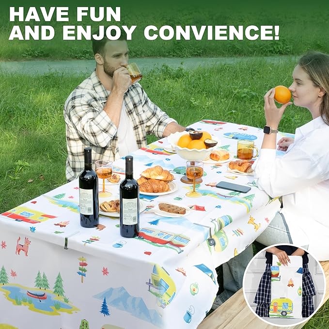 Extra Thick Camping Tablecloth with Clips & Storage Bag, Picnic Tablecloth, Fits 4ft to 8ft Picnic Tables, Polyester, Washable, Spill & Stain Resistant, Water Repellent - Cute Campers