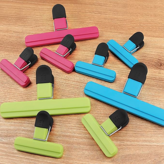 9 Pack Large Chip Bag Clips Assorted Sizes Food Bag Clips Plastic Heavy Seal Grip, 3 Colors
