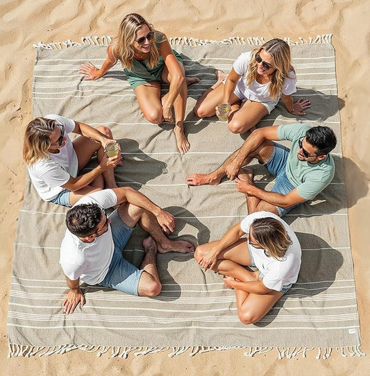 LANE LINEN Picnic Blankets - Turkish Beach Blanket Sandproof with Lightweight Quick Dry Design, 82"x82", Beach Summer Vacation Essentials for Relaxing, Park Outings or Yoga Mat – Beige