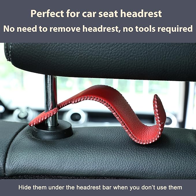 Amooca Car Seat Headrest Hook, Universal Vehicle Storage Hanger, Leather with Metal Car Seat Back Organizer for Handbag, Purse, Coat, Wine, 2 Pack