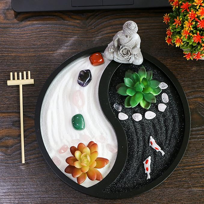 Buddha Meditation Zen Garden Kit - Home Office Tabletop Taiji Yin Yang Sand Garden Altar Zen Decor Zen Gifts DIY Mini Chakra Crystal Quartz Rock Garden w/ Nature Healing Stone Rake Tool