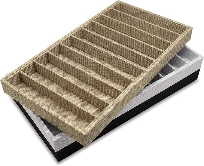 The Display Guys - Stackable Jewelry Tray and Organizer - for Drawers, Dressers, Store Display (10 Compartments, White Burlap)