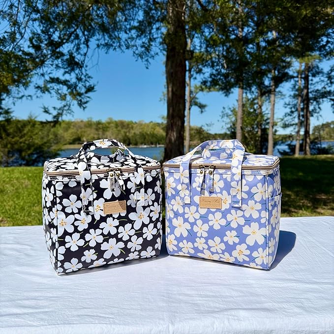 Kwang Min Floral Insulated Lunch Bag for Women,Reusable Lunch Box,Large Cooler for Office,Picnic Outdoors,Premium Quality Waterproof Fabric,Ideal Gift for Outdoors and work (Black Rose)