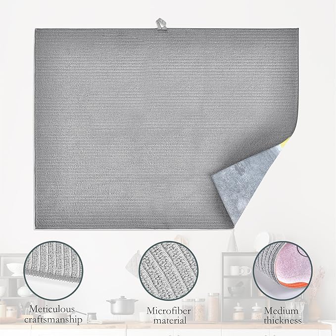 UIUPRO Grey Yellow Dish Drying Mats 18x24 Inch, Abstract Art Dish Pad Drying Rack Mat for Kitchen Counter Ultra Absorbent Microfiber Dishware Coffee Maker Bar Countertop Decor