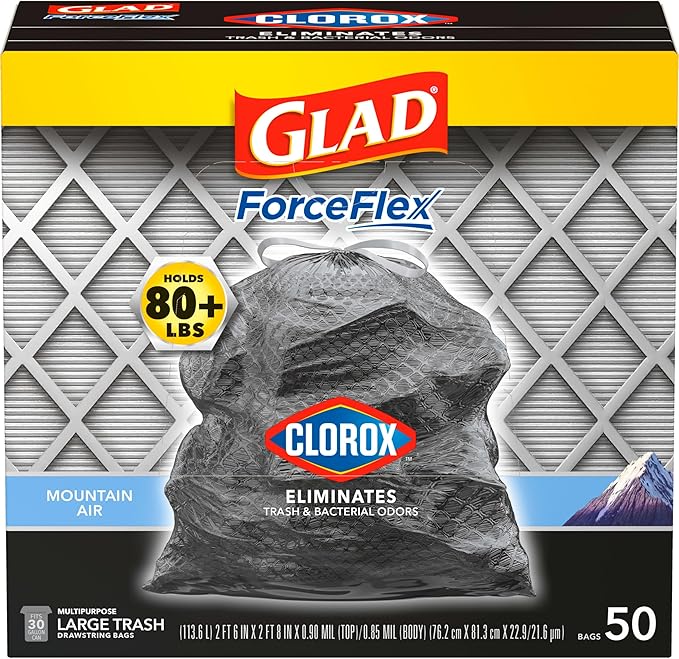Glad ForceFlex Heavy Duty Trash Bags With Clorox, Mountain Air, 30 Gal (Package May Vary) 50 Count (Pack of 3)