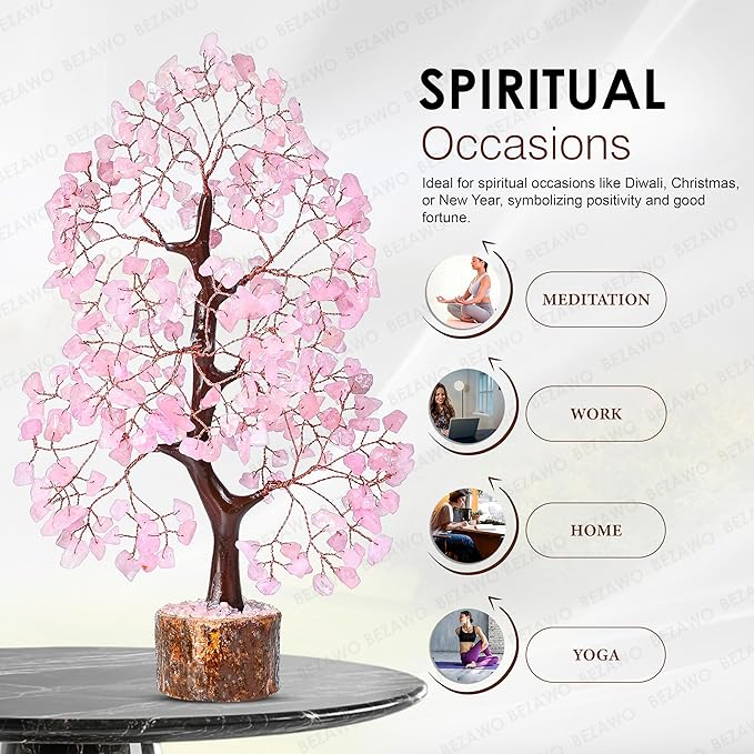 Rose Quartz Crystal Tree of Life Pink Room Decor & Healing Crystals Cute Desk Accessories Spiritual Birtdhay Gifts for Women House Warming Gifts New Home Decor for Mom Sister & Girlfriend