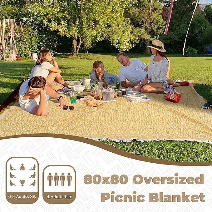 Genovega 2 in 1 Extra Large 80"* 80" Picnic Blankets Waterproof Outdoor Beach Blanket Foldable Camping Mat Supplies Europe Travel Accessories Hawaii Necessities Hiking Items Yellow