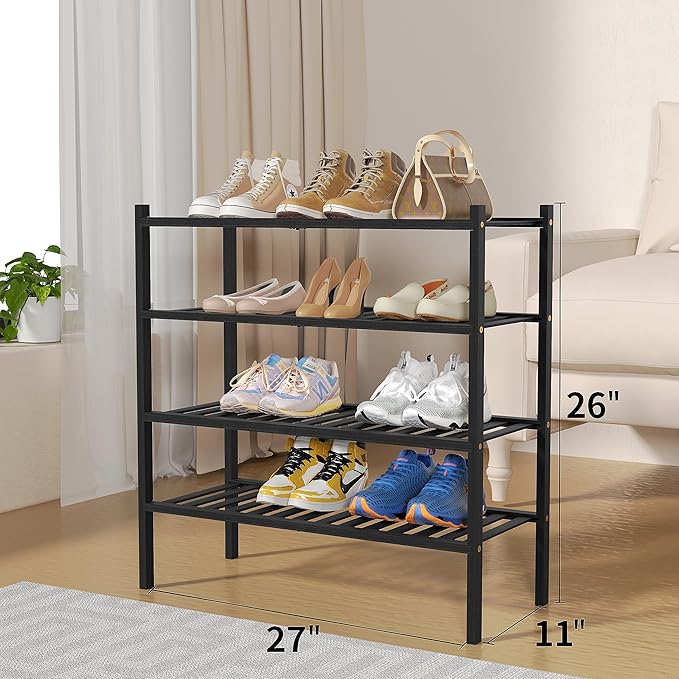 ROMGUAR CRAFT 4 Tier Bamboo Shoe Rack for Closet, Free-Standing Wood Shoe Shelf for Entryway Small Space, Stackable, 27"x11"x26" (Black)