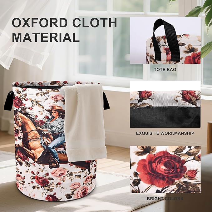 Western Girl Floral Laundry Basket Laundry Hamper With Handles Collapsible Laundry Baskets Storage Basket For Room Bathroom Bedroom Decor