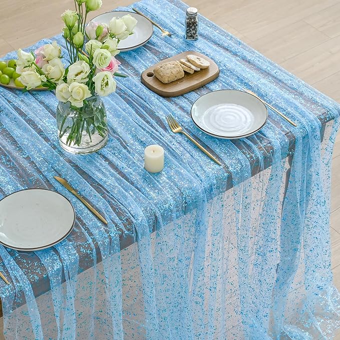 Horaldaily Light Blue Gold Gauze Tablecloth 52x70 Inch Rectangular, Light Blue Sequin Glitter Metallic Foil, Sheer Tulle Cheesecloth for Wedding Baby Shower Ceremony Birthday
