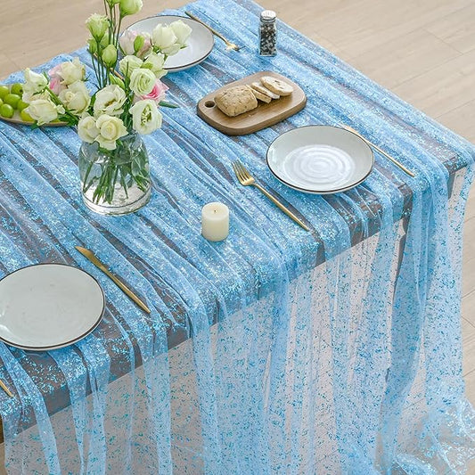 Horaldaily Light Blue Gold Gauze Tablecloth 60x60 Inch Square, Light Blue Sequin Glitter Metallic Foil, Sheer Tulle Cheesecloth for Wedding Baby Shower Ceremony Birthday