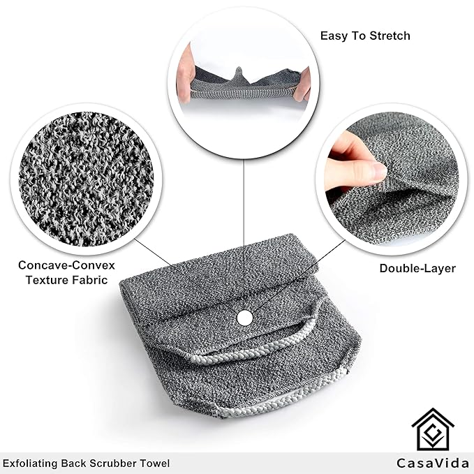 CASAVIDA Back Scrubber for Shower Nylon Bath Towel Washer Exfoliating Washcloth Rear Japanese Stretchable Strap Wash Cloth Body Exfoliation 2 Pack (Gray + Blue)