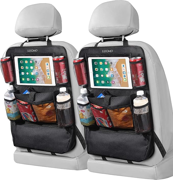 LUCMO Car Backseat Organizer with Touch Screen Tablet Holder - 2 Pcs, 9 Storage Pockets Car Storage Organizer, Protectors Kick Mats Travel Accessories for Kids - Black