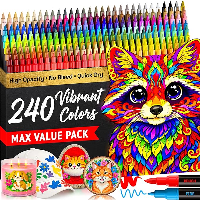 ARTISTRO 240 Acrylic Paint Markers - Paint Pens for Drawing, Brush + Fine Tips - For Fabric, Rock, Glass, Wood, DIY - Art & Craft Supplies for Adults, Teens, Kids - Teacher Appreciation Gift