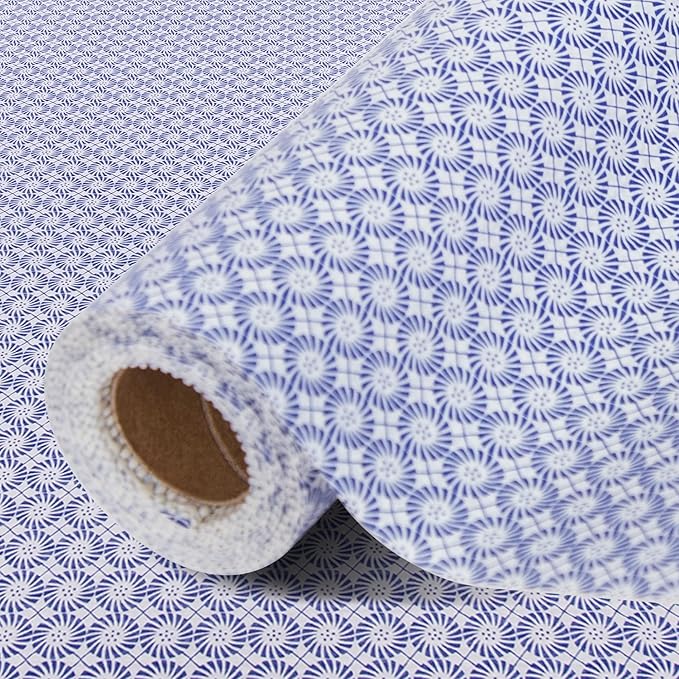 FIFTY FEET 18"x96" Non-Adhesive Shelf Liner for Kitchen Cabinets and Drawers, Washable Non-Slip PVC Cabinet Liner (Blue Circle)(1 Roll)