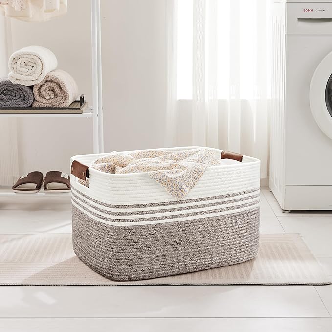 SunNewt 72L Large Laundry Basket with Leather Handles for Living Room Storage, Woven Rope Baskets Bin for Blanket, Kids Toy, Gifts, Wicker Hamper for Bedroom Dirty Clothes, 22"x17"x12" Dark Brown