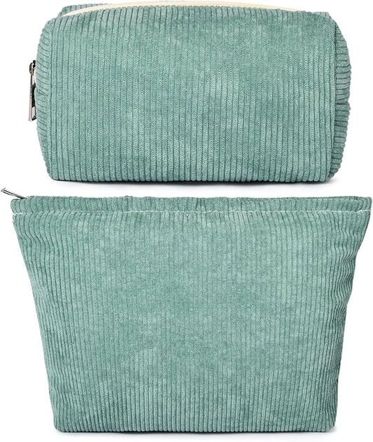 SOIDRAM 2 Pieces Makeup Bag Large Corduroy Cosmetic Bag Capacity Canvas Mix Travel Toiletry Bag Organizer Cute Makeup Brushes Aesthetic Accessories Storage Bag for Women, Corduroy Mix Green