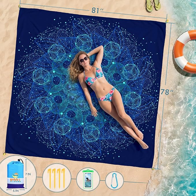 BYDOLL Beach Blanket 78''X81'' Waterproof Sandproof Suits 1-4 Adults Oversized Lightweight Large Blanket Picnic Mat for Beach Sand Free Travel Camping Hiking Picnic