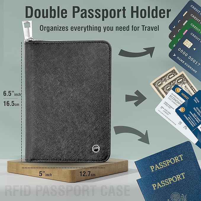 RFID Travel Wallet Passport Holder with Zipper - Organizer Bag for Travel Documents - Safety Essentials Cover for Men Women