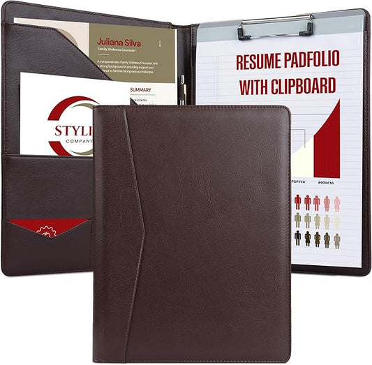 STYLIO Padfolio Folder with Removable Clipboard | Walnut (Brown) Color| Portfolio Organizer | Binder with Storage for Notebook, Notepad | Nursing Clipboard Folio | Vegan Leather