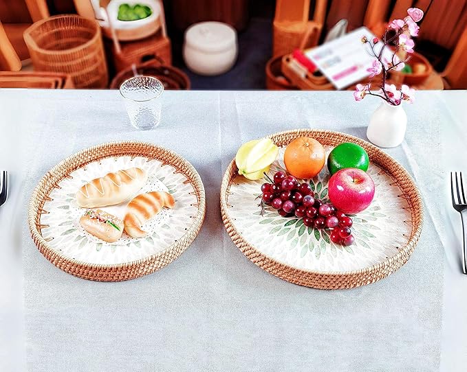 Handmade Round Rattan Tray with Mother of Pearl Inlay, Rattan Serving Tray with Wooden Base, Table Decoration with Wicker Baskets, for Storing and Displaying Bread, Fruit, Desserts (Green Grape)