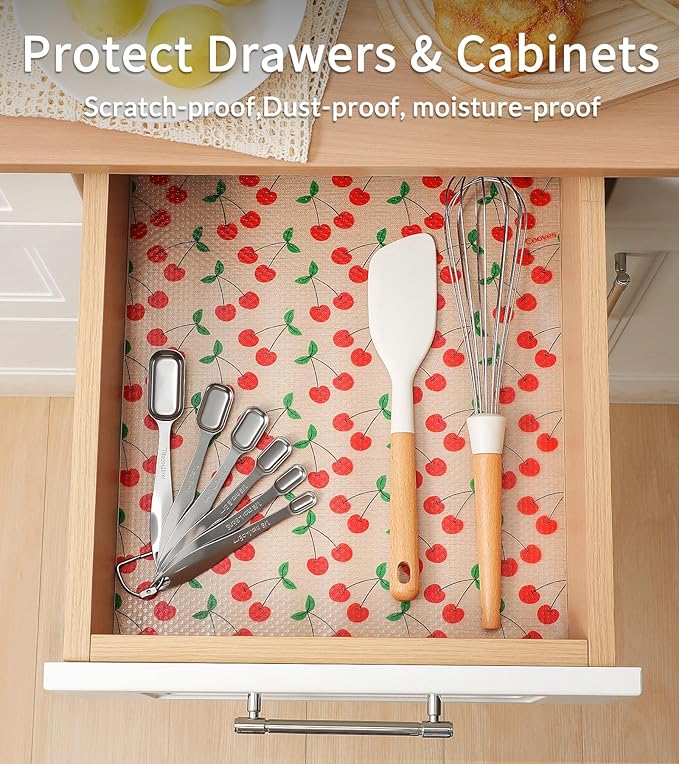 Cooyes Shelf Liner, Non-Adhesive Waterproof Shelf Paper with Fruit Pattern, Easy to Cut and Durable EVA Cabinet & Drawer Mat for Kitchen (17.5 Inch W x 360 Inch L, Red Cherry)