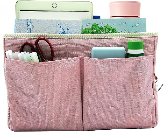 Bedside Caddy Bedside Hanging Storage Basket Multi-Function Organizer Caddy for Bunk and Hospital Beds College Dorms Bed Rails, The Magazine Holders Can be Placed Glasses Books Mobile Phones(Pink)