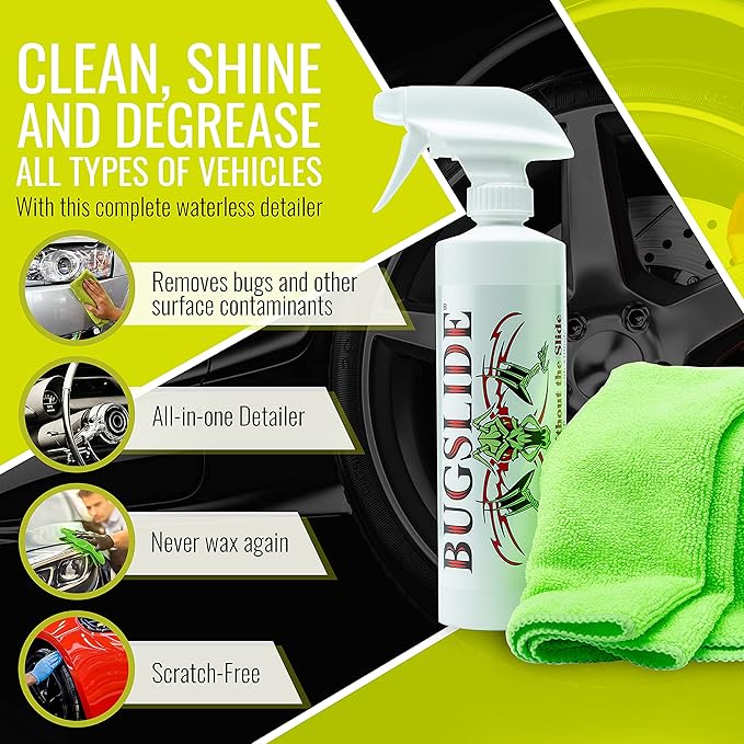 BugSlide 16 Oz Shop Kit Cleaner and Polisher with Microfiber Towel, Spray and Wipe Car Cleaner, Waterless Detailer for Removing Bugs Without Scratching, Shining and Degreasing All Surfaces