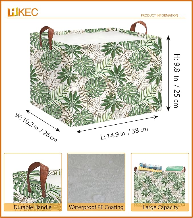 Rectangle Storage Basket with Handles, Collapsible Storage Bin, Books Box, Gift Basket (Golden Monstera)