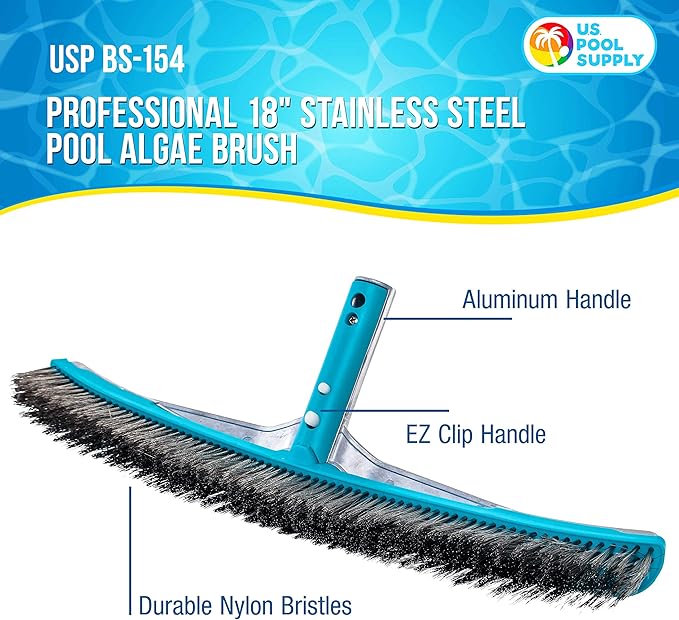 U.S. Pool Supply Pool Brush Head for Inground Pools - 18" Stainless Steel Pool Brush, Metal Wire Bristles, Underwater Scrubber Brushes - Remove Calcium Build-Up on Tiles, Rust Stains on Concrete Walls
