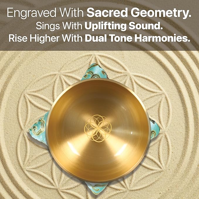 ZENPROSPERA Tibetan Singing Bowl Set – 6-Inch Sound Bowl for Meditation, Relaxation & Chakra Healing | The ZenRise Bowl - Flower of Life Edition - With Mallet, Gift Box, & Cushion