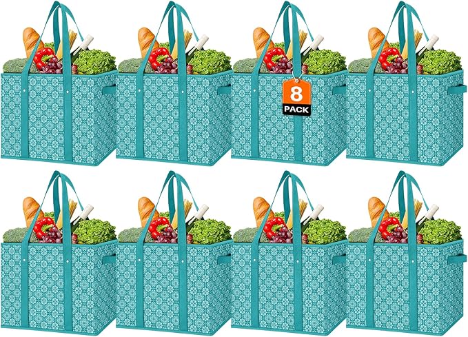WISELIFE Reusable Grocery Bags 8 Pack, Large Grocery Tote Bag Water Resistant Shopping Bags Foldable Grocery Bag for Clothes, Shoes and Picnic, Green