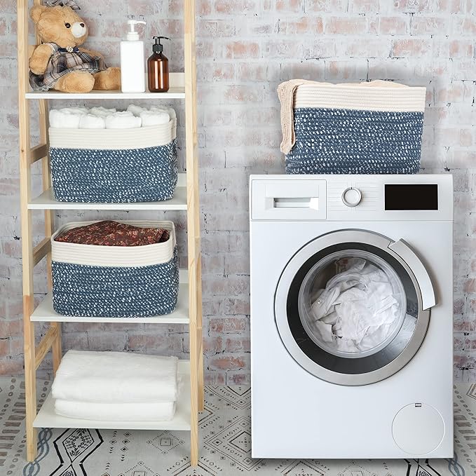 XUANGUO White and Blue Cotton Rope storage Basket Bins Woven Basket for Organizing Shelves 15X10X9.3“ Rectangle Decorative Baskets For storage Books Towels Wicker Nursery basket organizer Set of 3