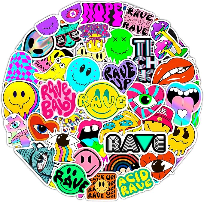 BulbaCraft Rave Stickers for Water Bottle and Laptop - Trippy Stickers, Psychedelic Party Favors & Decorations, Waterproof Vinyl Festival Decals, Gifts for Women & Men