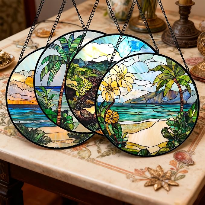 Stained Glass Window Hanging 4 Pcs Set Blue Ocean Coconut Tree Scenery Large 11.8" - Suncatcher Door Garden Sun Catcher Decor Birthday Christmas for Mom Woman Nana Men
