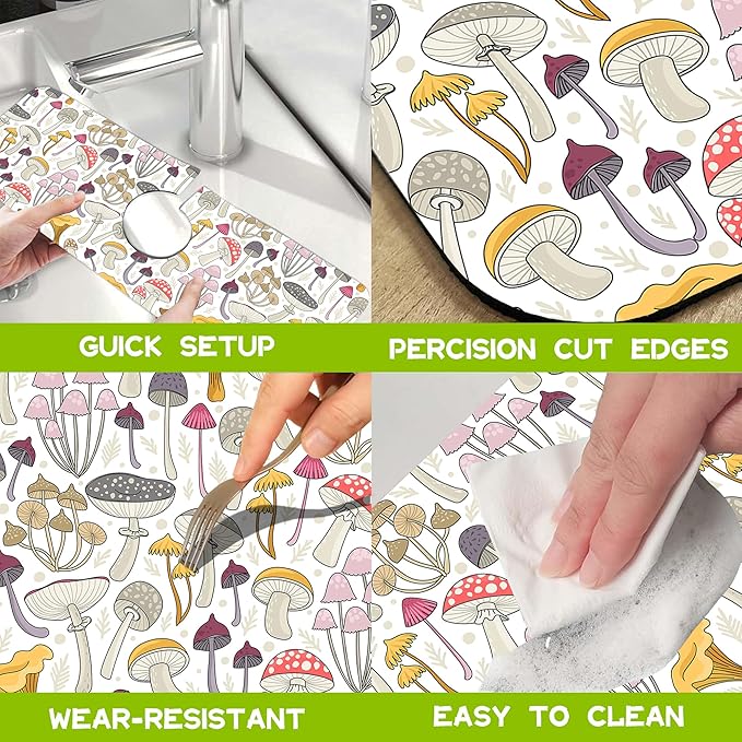 Colorful Mushrooms Kitchen Sink Splash Guard Faucet Mat, Super Absorbent Fast Drying Mat Guard Behind Faucet Drip Catcher for Kitchen Bathroom, 15.5"x5.5"