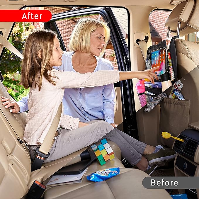 Helteko Backseat Car Organizer, Kick Mats Back Seat Protector with Touch Screen Tablet Holder, Back Seat Organizer for Kids with 9 Storage Pockets, Travel Accessories (2 Pack, Violet)