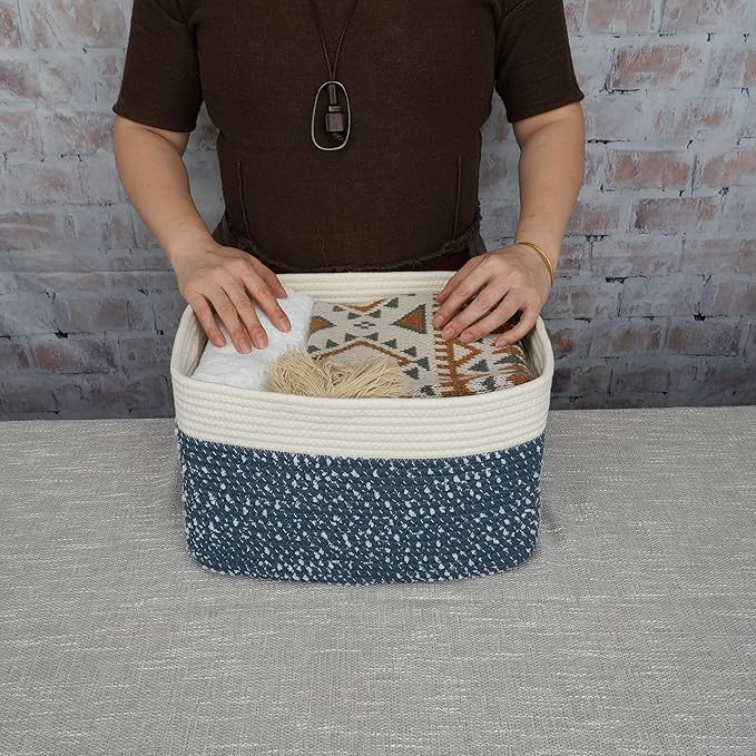XUANGUO White and Blue Cotton Rope storage Basket Bins Woven Basket for Organizing Shelves 15X10X9.3“ Rectangle Decorative Baskets For storage Books Towels Wicker Nursery basket organizer Set of 3